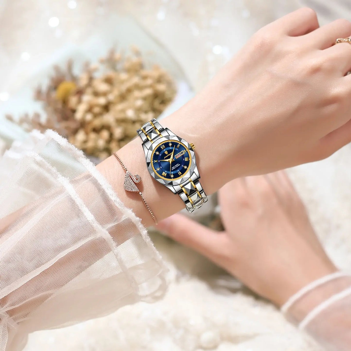 POEDAGAR, reloj de lujo para mujer, luminoso, resistente al agua, con fecha semanal, reloj de pulsera para mujer, relojes de cuarzo de acero inoxidable para mujer, reloj + caja