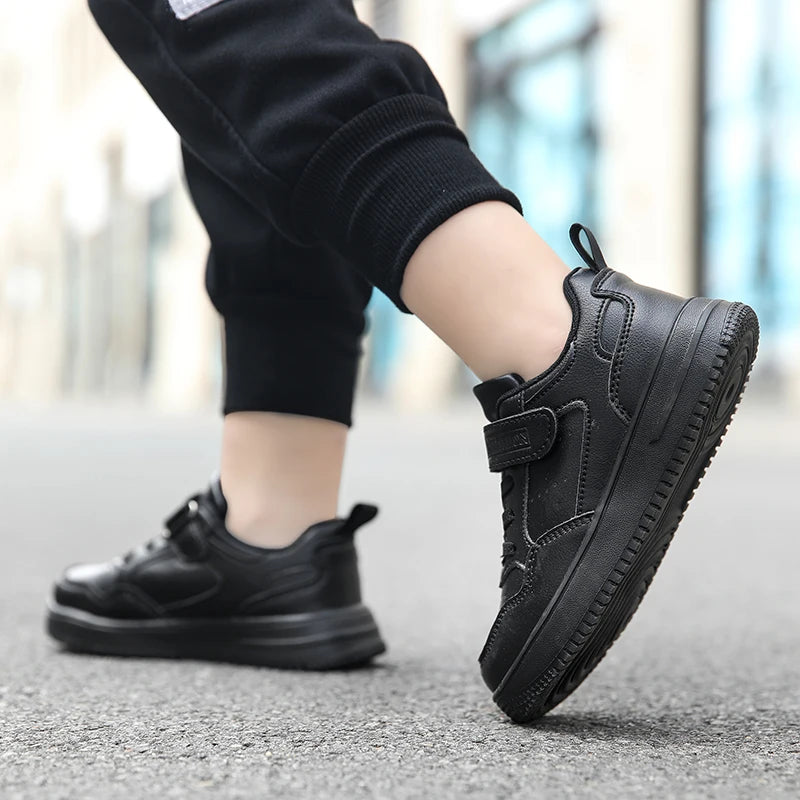 Zapatillas de deporte para niños, zapatos informales de cuero negro, zapatos planos para caminar para estudiantes, calzado deportivo ligero antideslizante para tenis para niñas