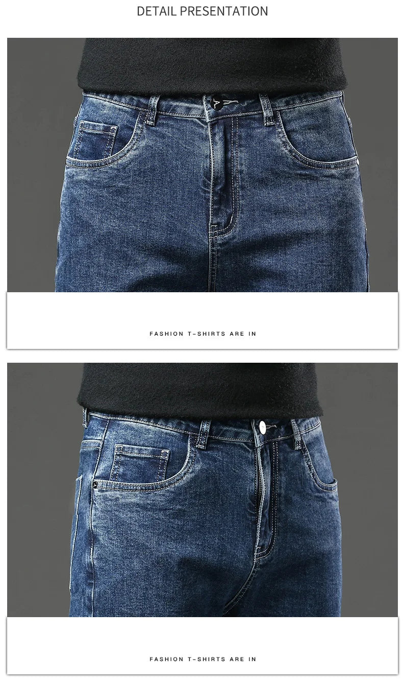 Pantalones vaqueros gruesos y cálidos de lana de invierno para hombre, pantalones vaqueros elásticos rectos ajustados, ropa informal para hombre, pantalones de felpa a la moda