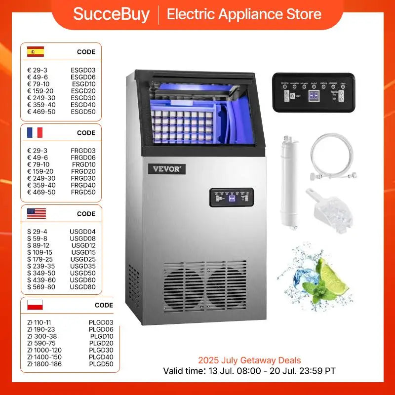 VEVOR Máquina para Hacer Hielo de Acero Inoxidable de Calidad Alimentaria, Trituradora de Máquina de Hielo Comercial, 280W, 68kg/24 horas, Panel de Control LCD Inteligente para Cafeterías y Bares
