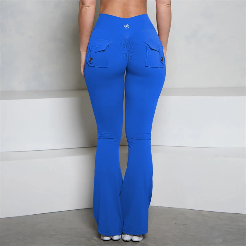 BUM gris bolsillo acampanado Scrunch Butt pantalones PB mujeres ajustado Sexy pantalones de cintura alta Push Up deporte Fitness Flare Leggings