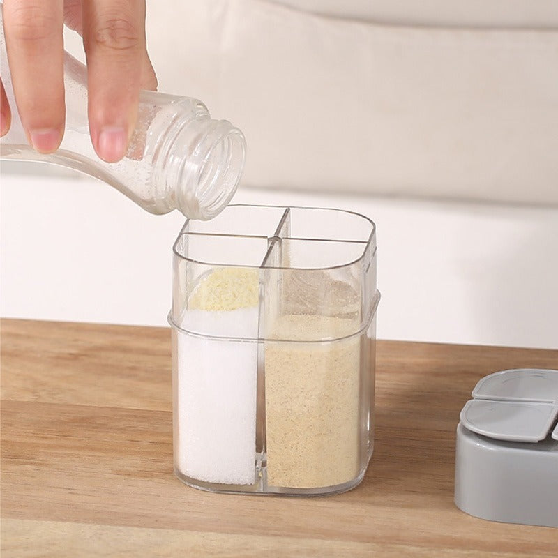 Tarro de condimentos para acampar 4 en 1 con tapa, dispensador de especias transparente, 4 compartimentos para cocinar al aire libre, barbacoa, salero y pimentero