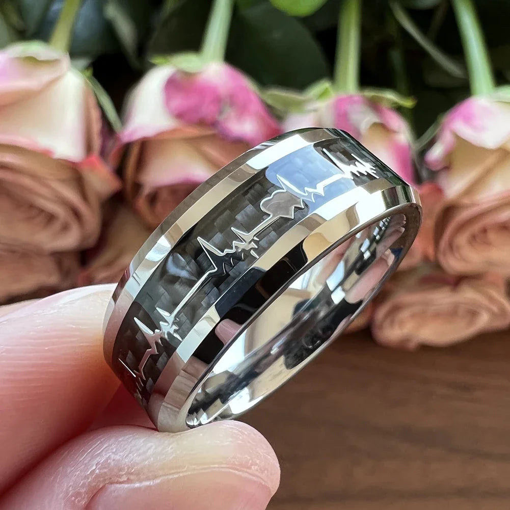 Anillos de compromiso de carburo de tungsteno con incrustaciones de corazón de fibra de carbono negra de 8mm a la moda, alianzas de boda con cúpula, pulido, brillante, ajuste cómodo