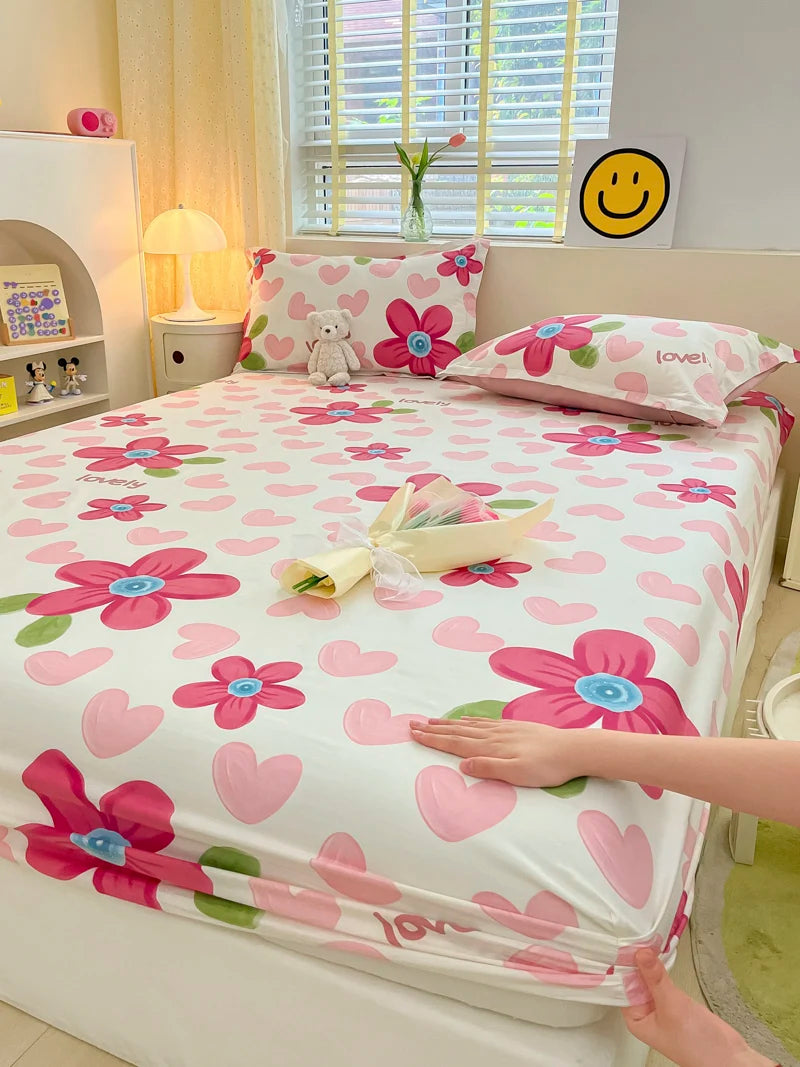 Juego de sábanas ajustadas de algodón 100% puro con funda de almohada, funda de cama con estampado de flores, sábanas individuales/Queen/King Size