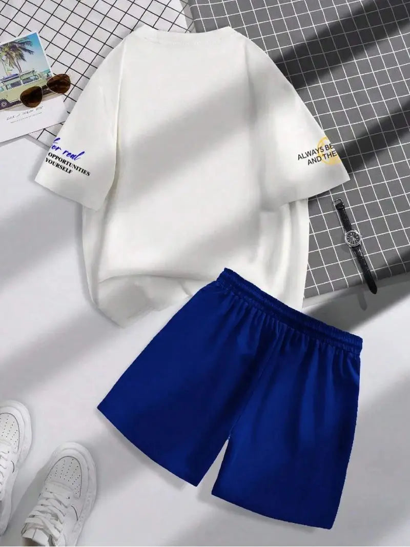 NOVEDAD DE VERANO 2025, traje de tendencia para hombre, conjunto de manga corta con cuello redondo, camiseta y pantalones cortos con cuello redondo y estampado alfanumérico personalizado a la moda
