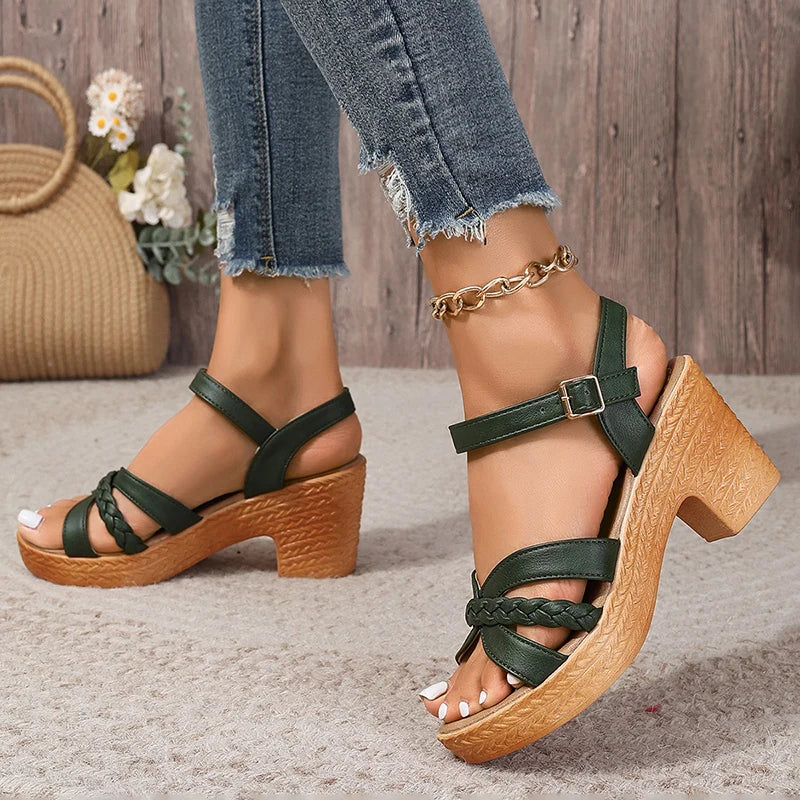 Sandalias de tacón alto trenzadas para mujer, sandalias de gladiador con plataforma gruesa de verano 2024, zapatos informales de playa con correas en el tobillo para vacaciones