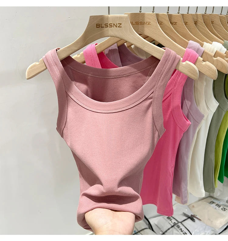 Zjaiss, camiseta sin mangas acanalada con cuello redondo liso para mujer, camisola para mujer, camiseta sin mangas elástica básica de verano 2025, camiseta sin mangas sólida con cuello redondo