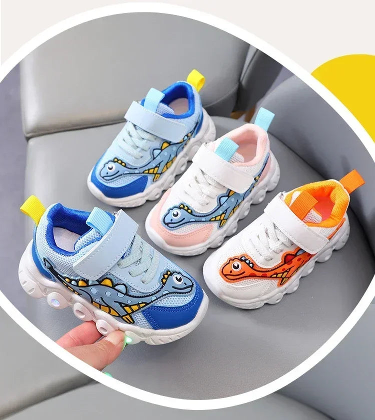 Zapatillas de deporte informales con dibujos animados para niños y niñas, zapatos de iluminación transpirables con malla LED, zapatos iluminados para bebés