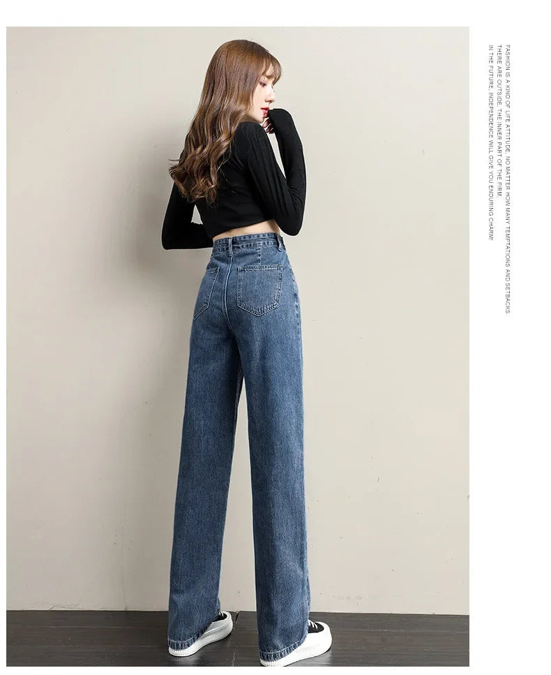 Pantalones vaqueros sueltos para mujer, diseño de cintura alta, entrepierna recta ajustable, pantalones de estilo Retro, tela de algodón, estilo informal cómodo