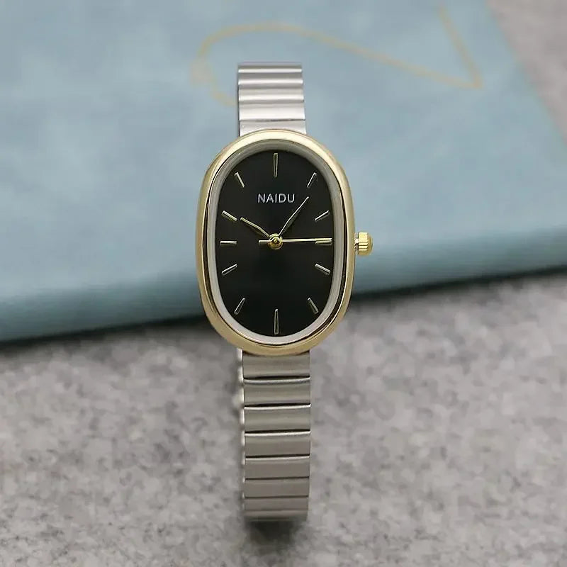 Reloj de cuarzo ovalado con esfera pequeña para mujer, correa de bambú de acero inoxidable, reloj de pulsera de regalo de lujo a la moda para estudiantes y niñas, envío directo