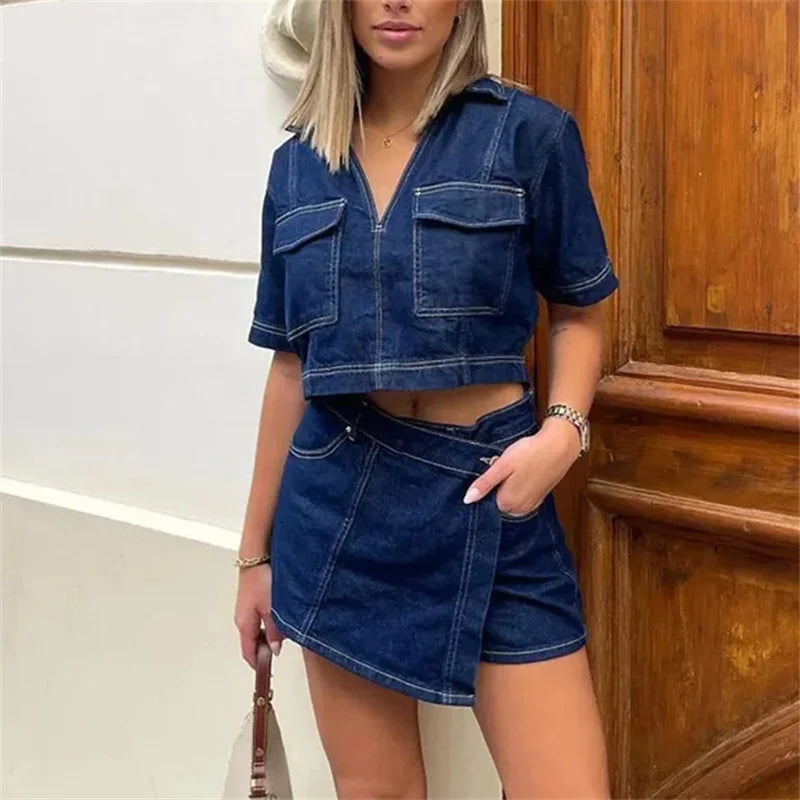 TRAF-Camiseta vaquera azul para mujer, camisa recortada de manga corta, Tops cortos de verano para mujer, ropa de calle Y2k, blusa elegante para mujer