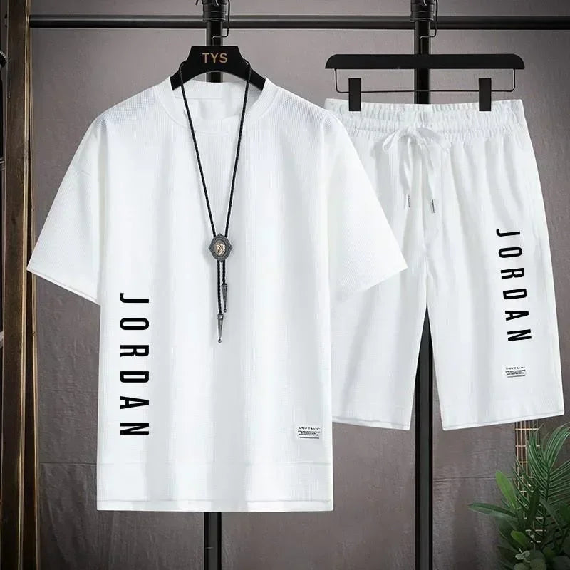 2025 Conjunto elegante de camiseta y pantalones cortos informales para hombre, traje deportivo, conjunto de gofres de verano suelto y cómodo para hombre