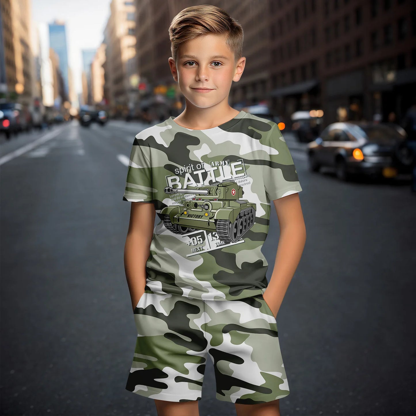 Traje de ropa para niños con estampado de camuflaje 3D, conjunto de camiseta de manga corta de verano, pantalones cortos, ropa para niño y niña, conjuntos para niños