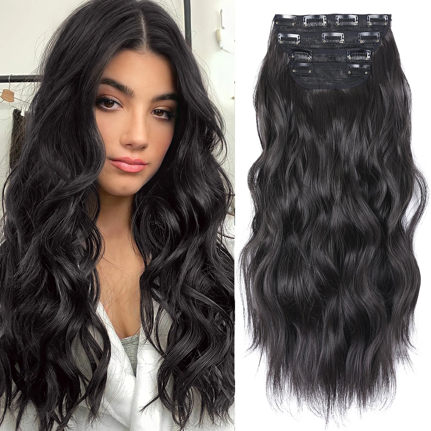 4 unids/set 20 pulgadas Clip de pelo sintético en postizos gruesos y largos ondulados para mujeres extensiones de cabello sintético de cabeza completa postizos ombré