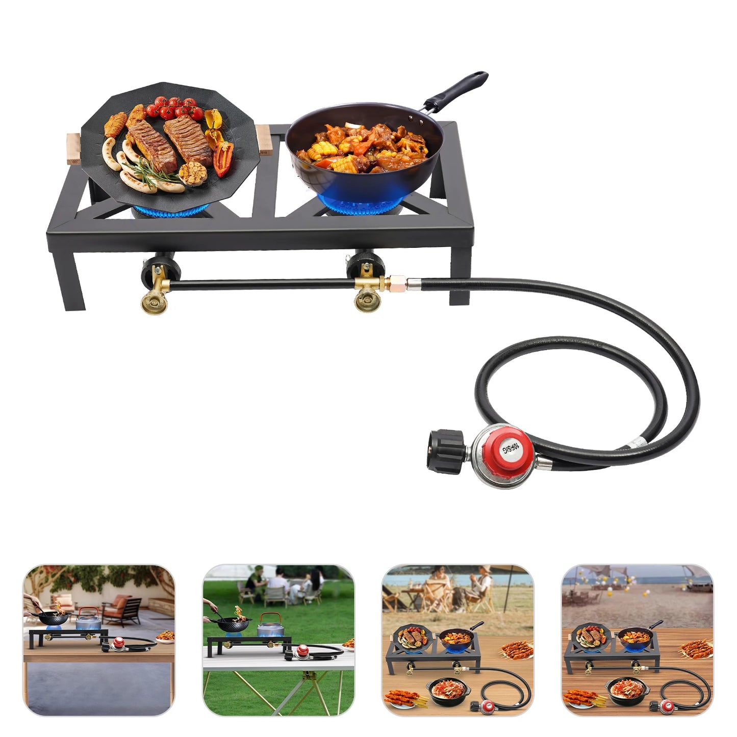 Estufa de gas propano doble para acampar y cocinar al aire libre con manguera reguladora, construcción de hierro duradera 0-10PSI