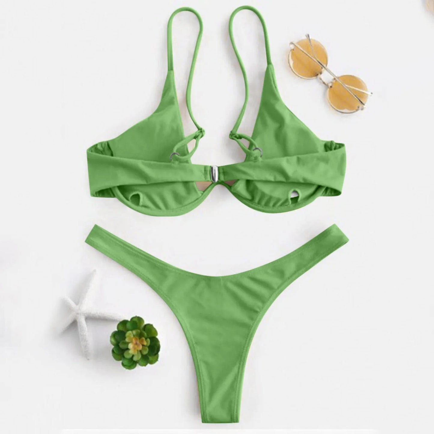 Bikini Sexy con aros para Mujer, traje de baño rojo liso con sujetador de realce, Tanga, traje de baño con cuello Halter y cuello de pico, Mini microtanga 2024