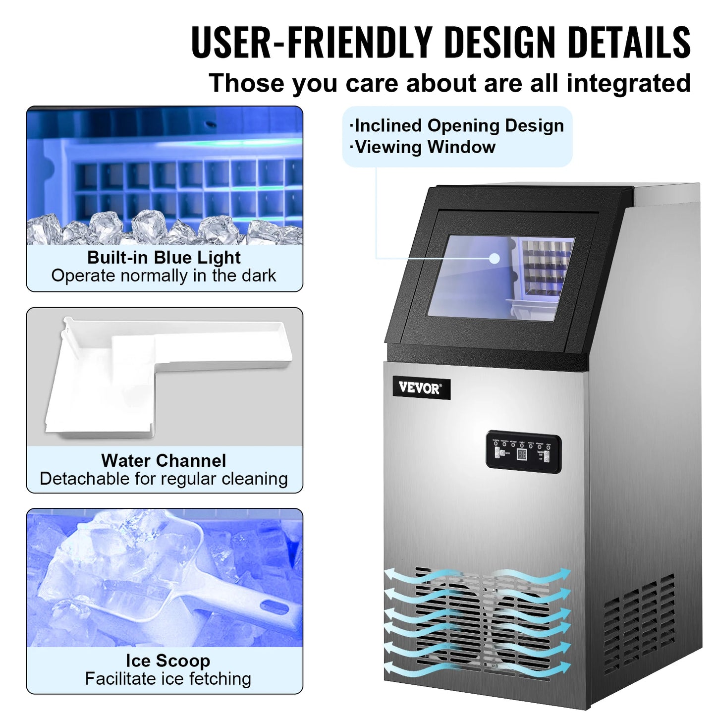 VEVOR Máquina para Hacer Hielo de Acero Inoxidable de Calidad Alimentaria, Trituradora de Máquina de Hielo Comercial, 280W, 68kg/24 horas, Panel de Control LCD Inteligente para Cafeterías y Bares