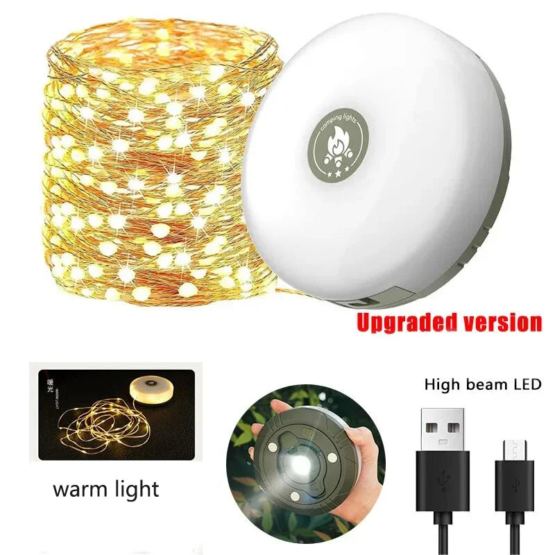 Luz de Camping 4 en 1, guirnalda de luces LED con carrete, lámpara de Camping USB para exteriores, luz LED nocturna reciclable para decoración de tienda de campaña y jardín