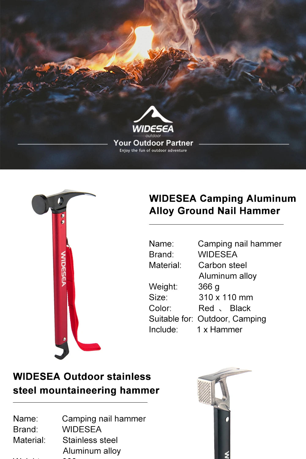 Martillo de Camping Widesea, mazo de estaca de clavija para tienda de campaña al aire libre de cobre y acero inoxidable con extractor de estaca, clavos Grond para montañismo y senderismo