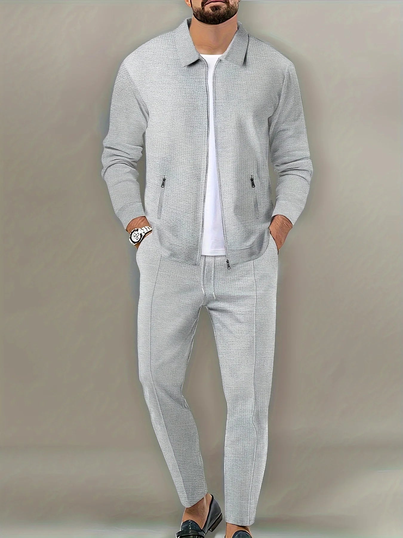 Chaqueta ajustada con bolsillo de cremallera para hombre, ropa deportiva de manga larga, conjunto de chaqueta de cárdigan, pantalones largos, elegante, conjunto de dos piezas