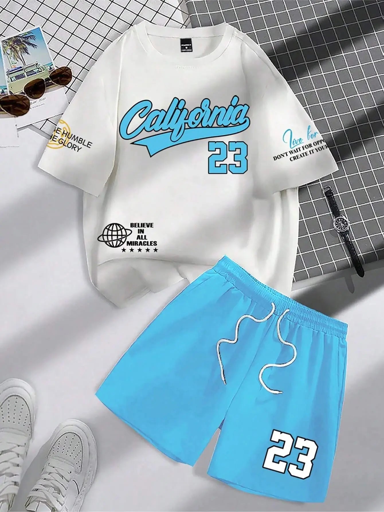 NOVEDAD DE VERANO 2025, traje de tendencia para hombre, conjunto de manga corta con cuello redondo, camiseta y pantalones cortos con cuello redondo y estampado alfanumérico personalizado a la moda