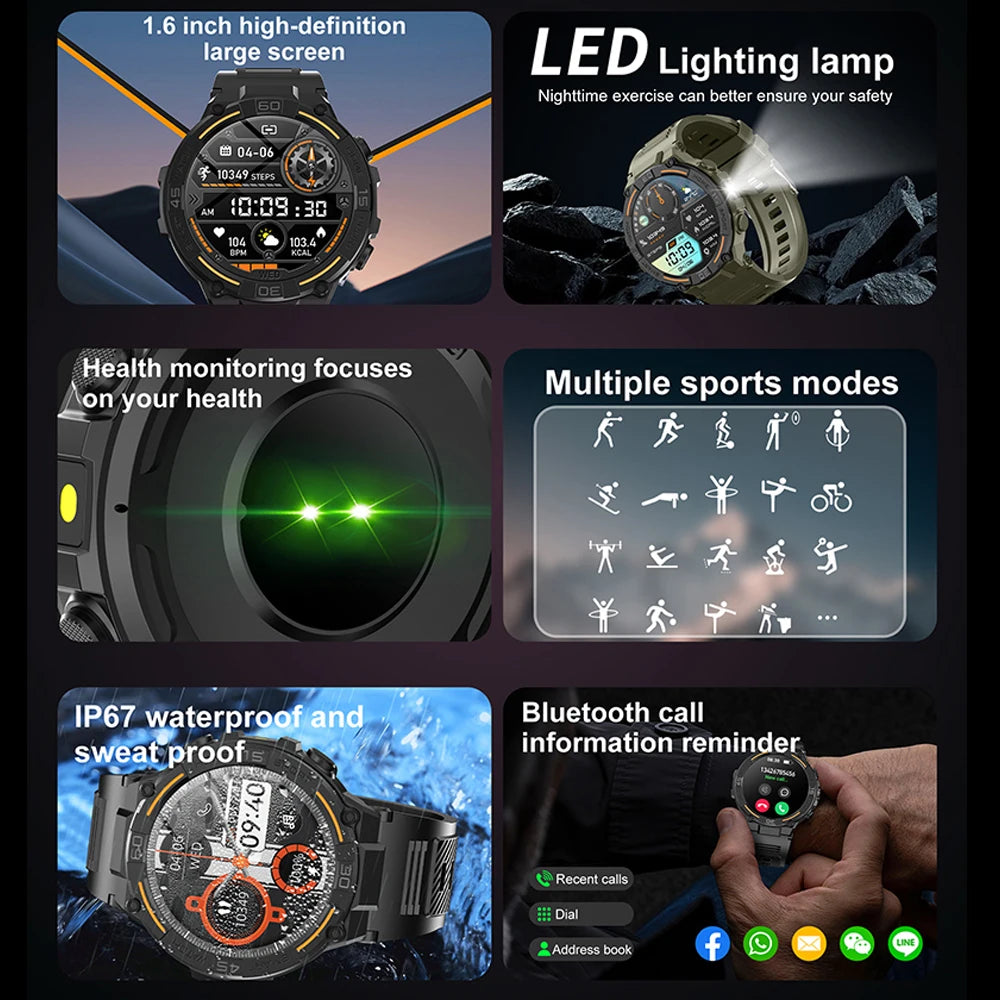 Reloj inteligente militar para hombre, dispositivo con pantalla HD de 360x360, linterna, control de la salud, resistente al agua, control del ritmo cardÃaco, llamadas BT, para Android e IOS
