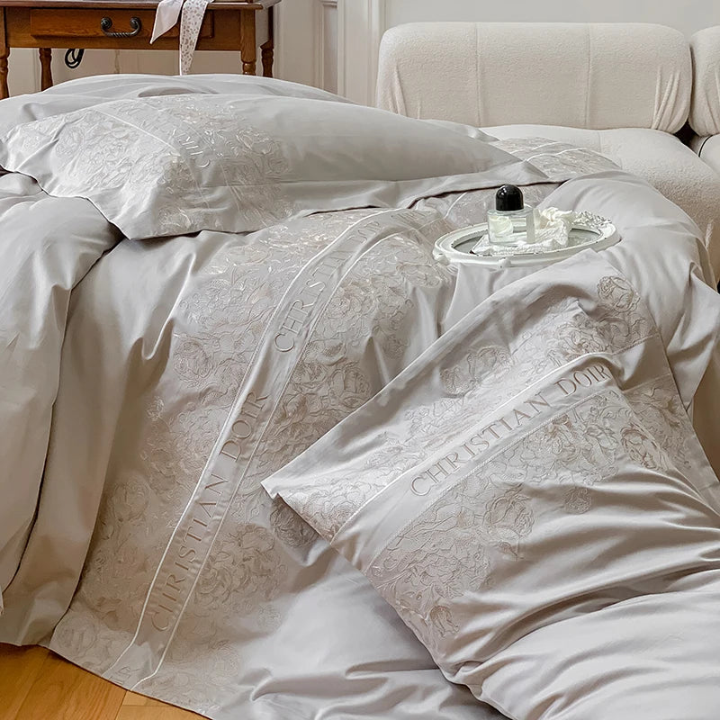 Juego de cama de algodón de grapa larga de 100 unidades, funda nórdica bordada con patrones de flores y plantas, Sábana bajera tamaño Queen TwinFull