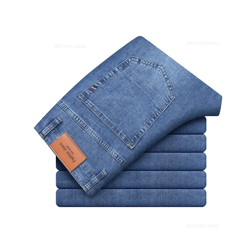 Pantalones vaqueros finos de algodón elástico para hombre, pantalón informal, recto, cómodo, color gris, a la moda, para verano