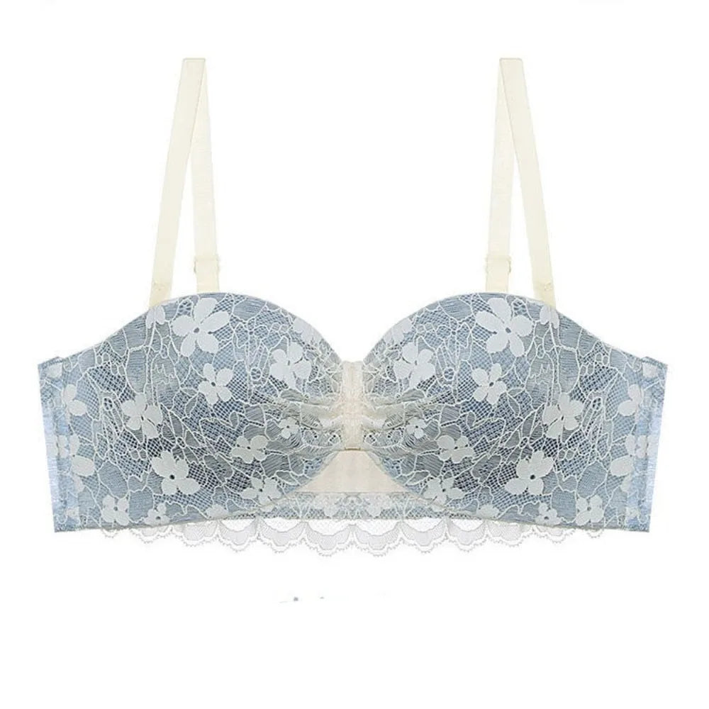 Sujetador inalámbrico de malla ajustado para mujer, sujetador antiflacidez de encaje Floral dulce con escote en V profundo, lencería con pechos recogidos, regalos