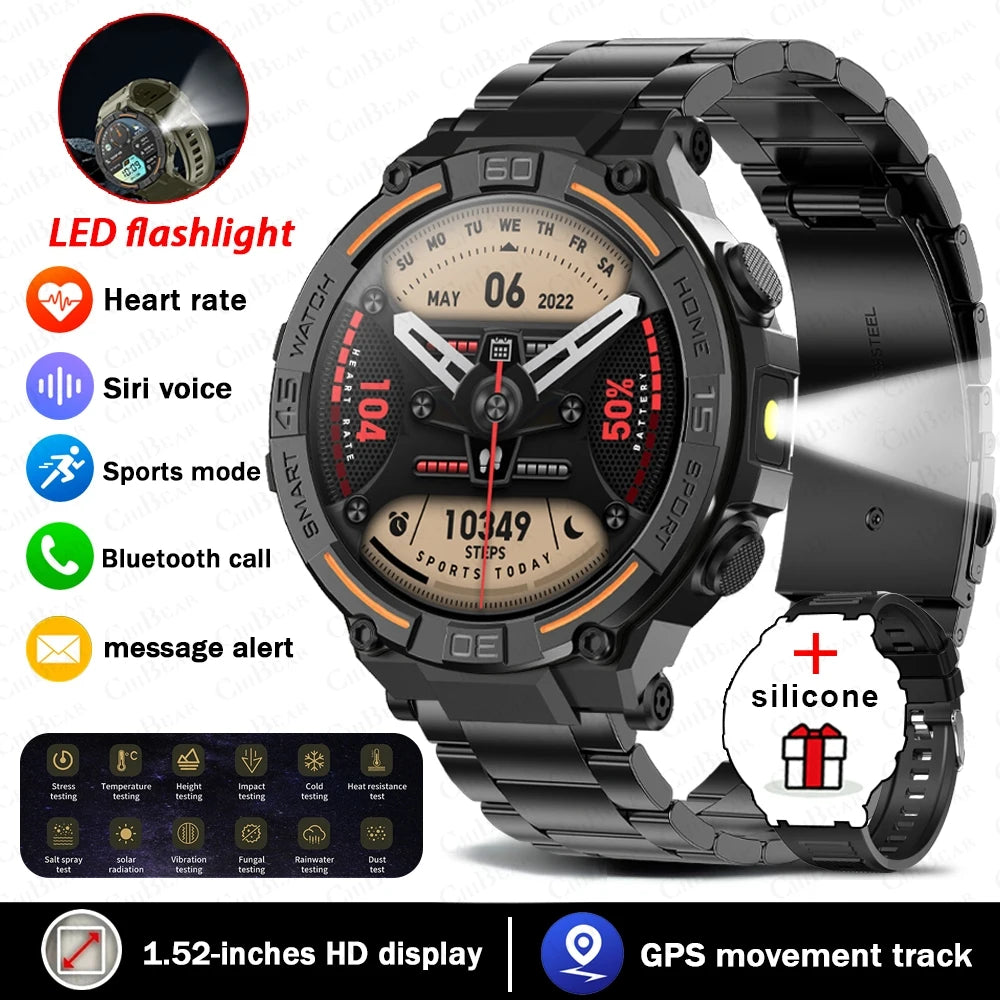 Reloj inteligente militar para hombre, dispositivo con pantalla HD de 360x360, linterna, control de la salud, resistente al agua, control del ritmo cardÃaco, llamadas BT, para Android e IOS