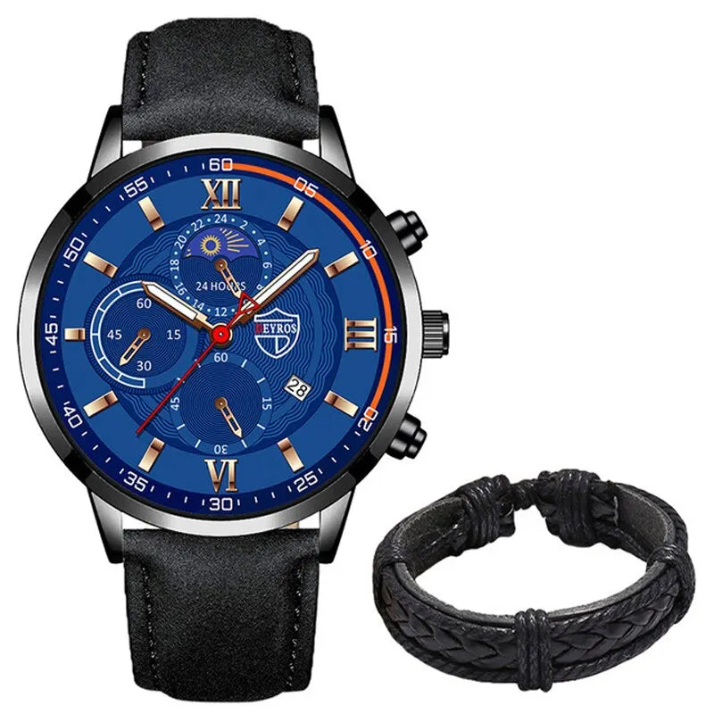 Conjunto de 2 piezas de relojes deportivos de moda para hombre, pulsera de cuero de negocios, reloj de cuarzo informal para hombre, reloj luminoso de lujo para hombre