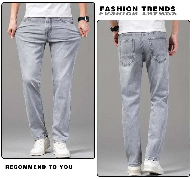 Pantalones vaqueros finos de algodón elástico para hombre, pantalón informal, recto, cómodo, color gris, a la moda, para verano