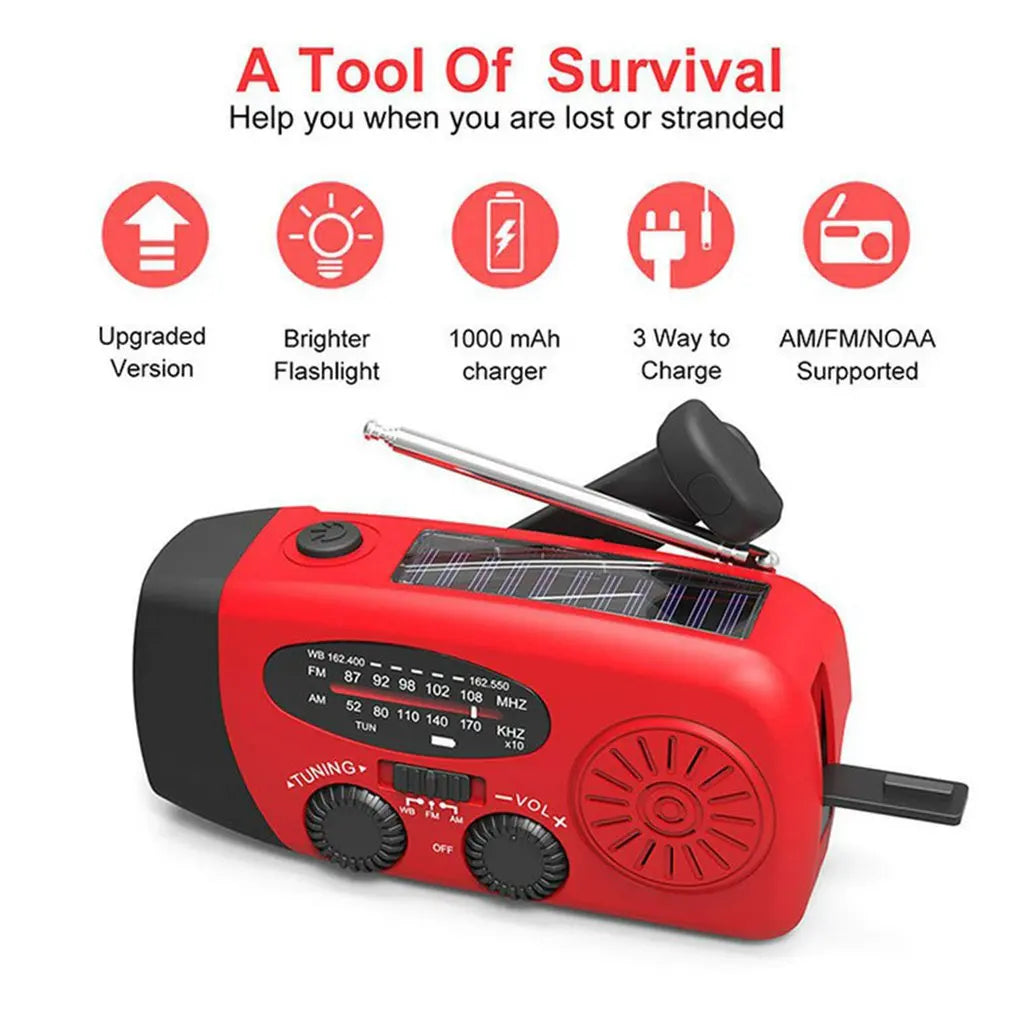 Radio de emergencia para acampar al aire libre, manivela Solar, Dinamo, Radio FM/AM/NOAA, cargador de teléfono de 2000Mah, Banco de energía, linterna SOS