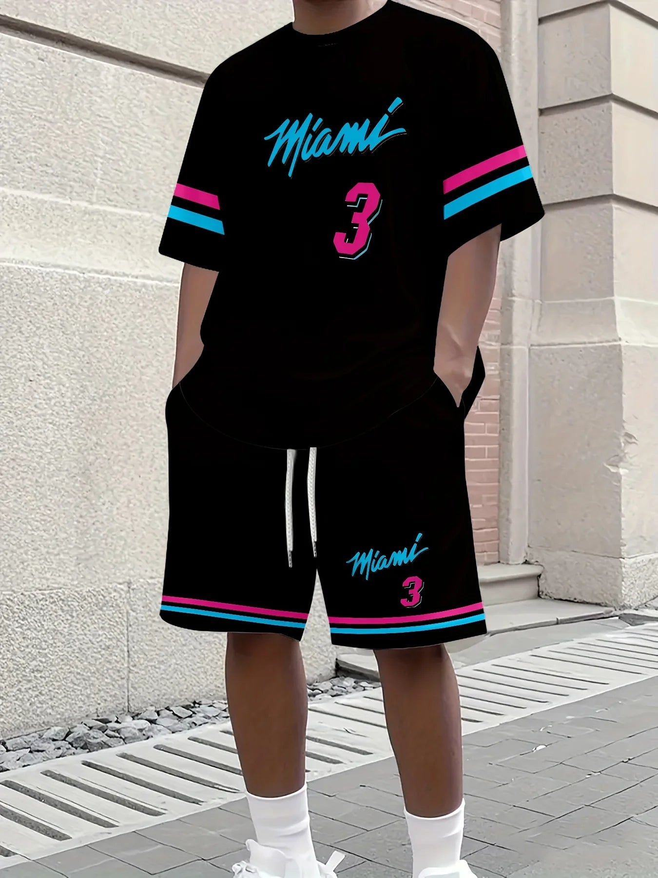 2025 Nuevo conjunto de jogging de camiseta de baloncesto para adultos deportiva informal con estampado de Miami NO.3 para hombre
