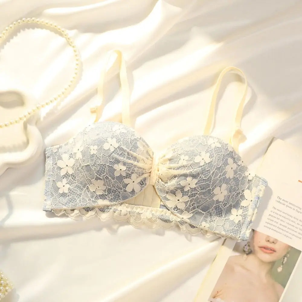 Sujetador inalámbrico de malla ajustado para mujer, sujetador antiflacidez de encaje Floral dulce con escote en V profundo, lencería con pechos recogidos, regalos