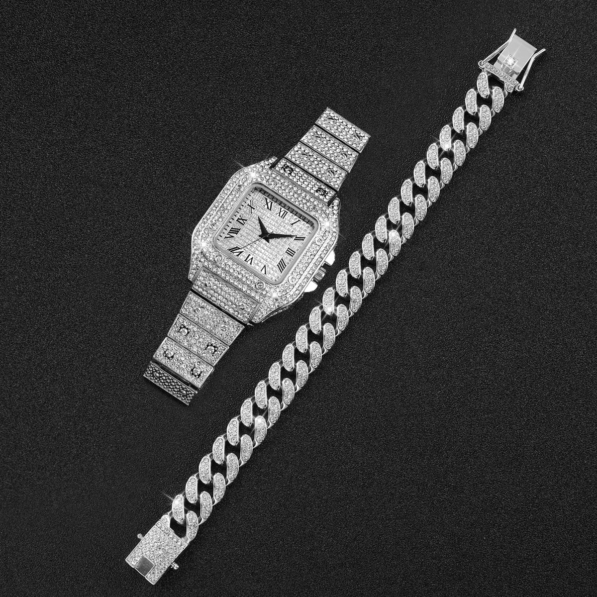 Reloj de pulsera de cuarzo para hombre y mujer, pulsera de acero inoxidable plateado con diamantes de moda, conjunto de 2 unidades