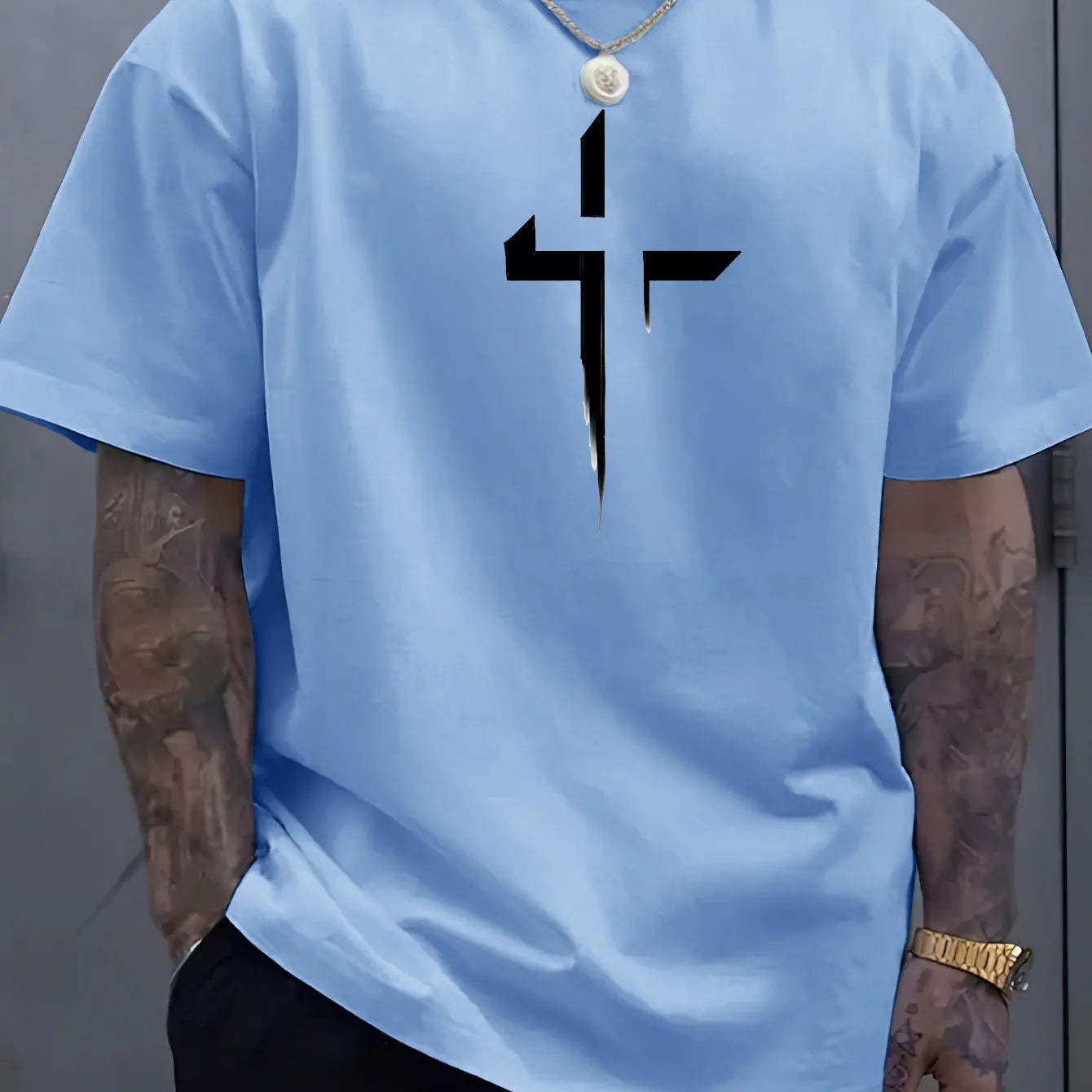 Camiseta de manga corta con cuello redondo para hombre, 100% de algodón puro, informal, holgada, de talla grande, con estampado creativo cruzado, deportiva, cómoda, de verano