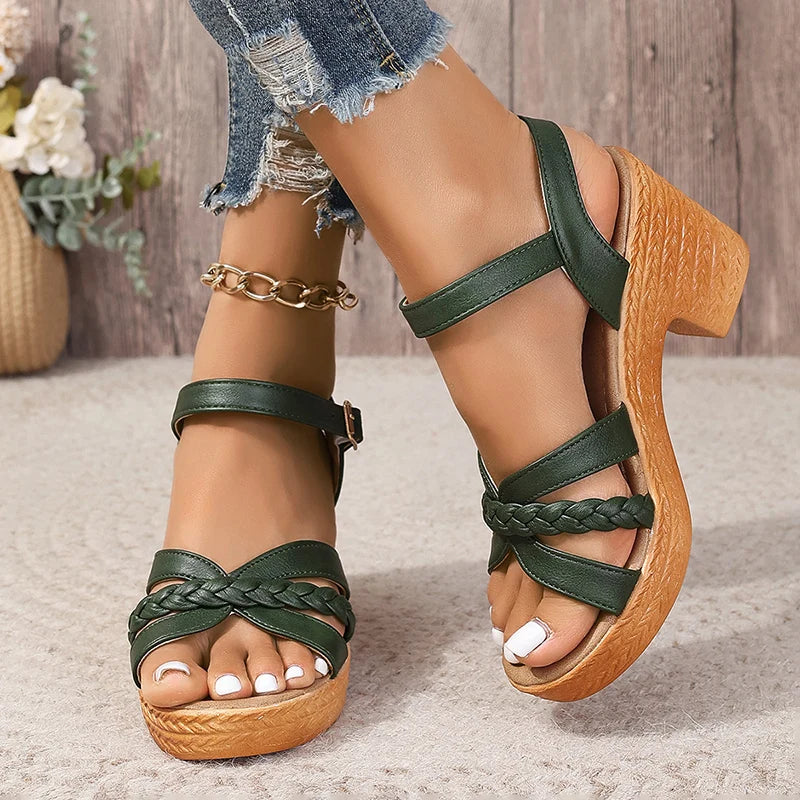 Sandalias de tacón alto trenzadas para mujer, sandalias de gladiador con plataforma gruesa de verano 2024, zapatos informales de playa con correas en el tobillo para vacaciones