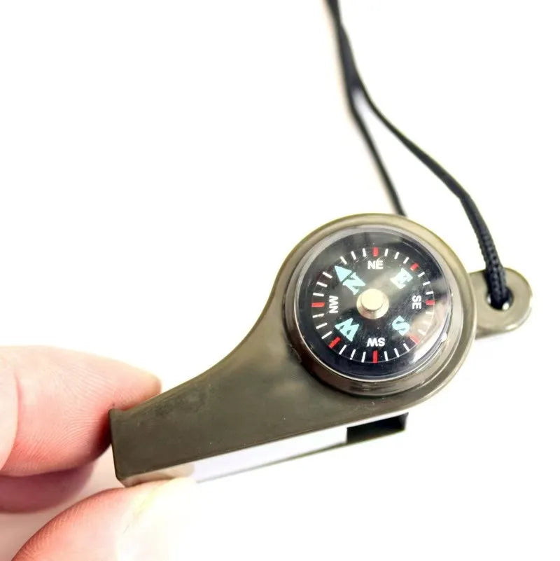 Silbato 3 en 1 para acampar, equipo de supervivencia de emergencia, brújula, termómetro para exteriores, necesita Color verde militar con cuerda
