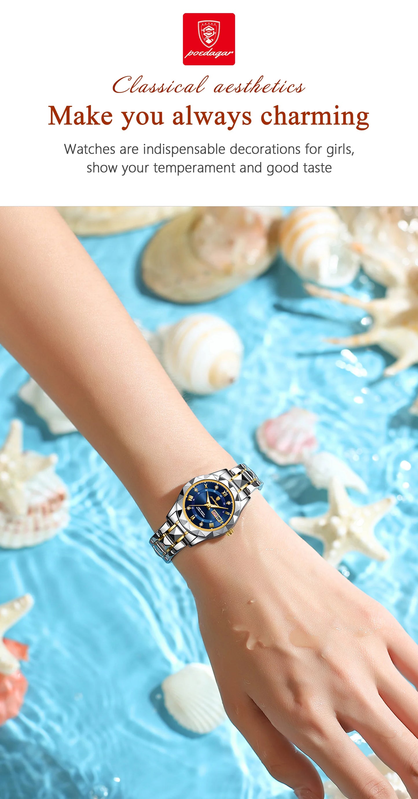 POEDAGAR, reloj de lujo para mujer, luminoso, resistente al agua, con fecha semanal, reloj de pulsera para mujer, relojes de cuarzo de acero inoxidable para mujer, reloj + caja
