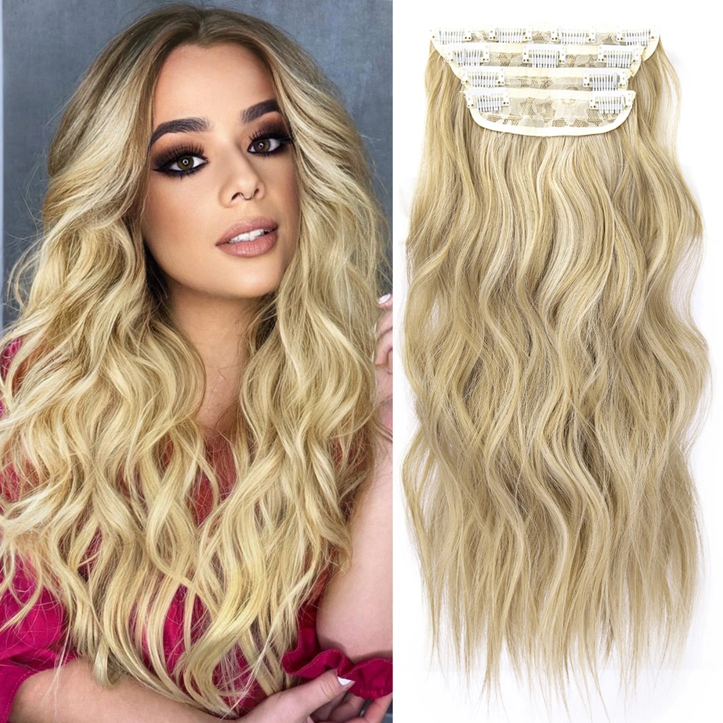 4 unids/set 20 pulgadas Clip de pelo sintético en postizos gruesos y largos ondulados para mujeres extensiones de cabello sintético de cabeza completa postizos ombré