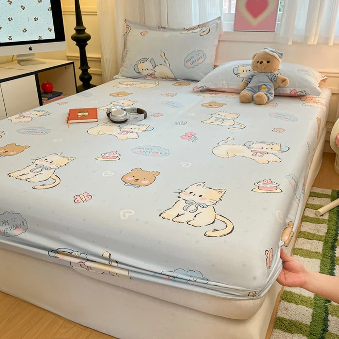 Juego de sábanas ajustadas de algodón 100% puro con funda de almohada, funda de cama con estampado de flores, sábanas individuales/Queen/King Size