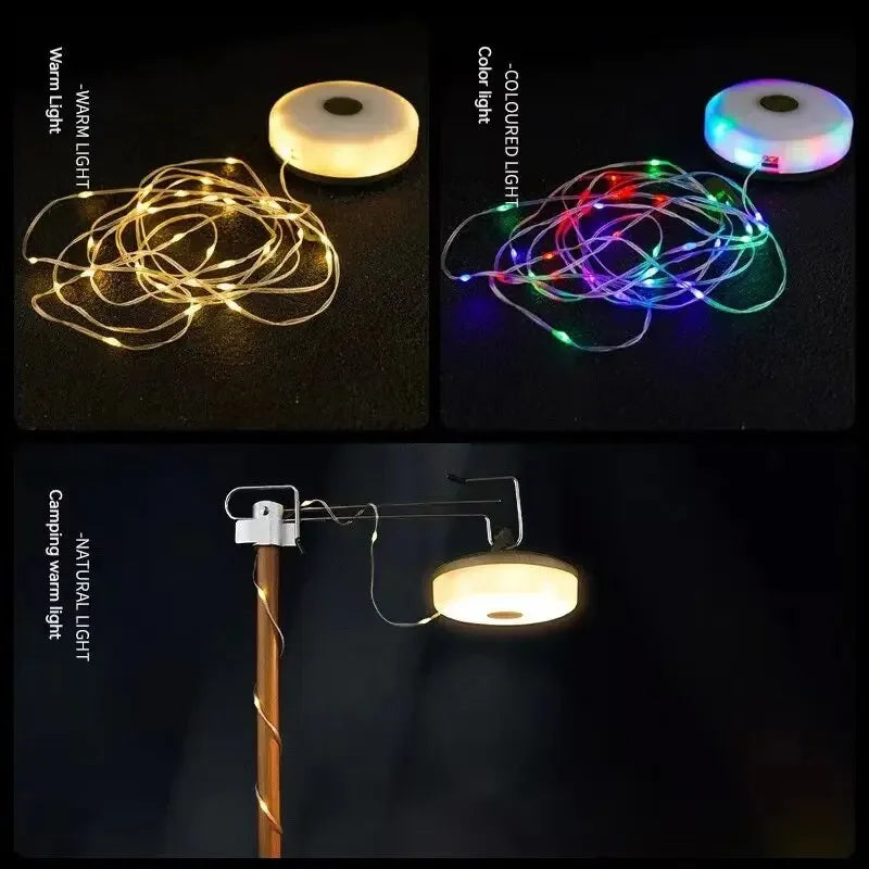 Luz de Camping 4 en 1, guirnalda de luces LED con carrete, lámpara de Camping USB para exteriores, luz LED nocturna reciclable para decoración de tienda de campaña y jardín