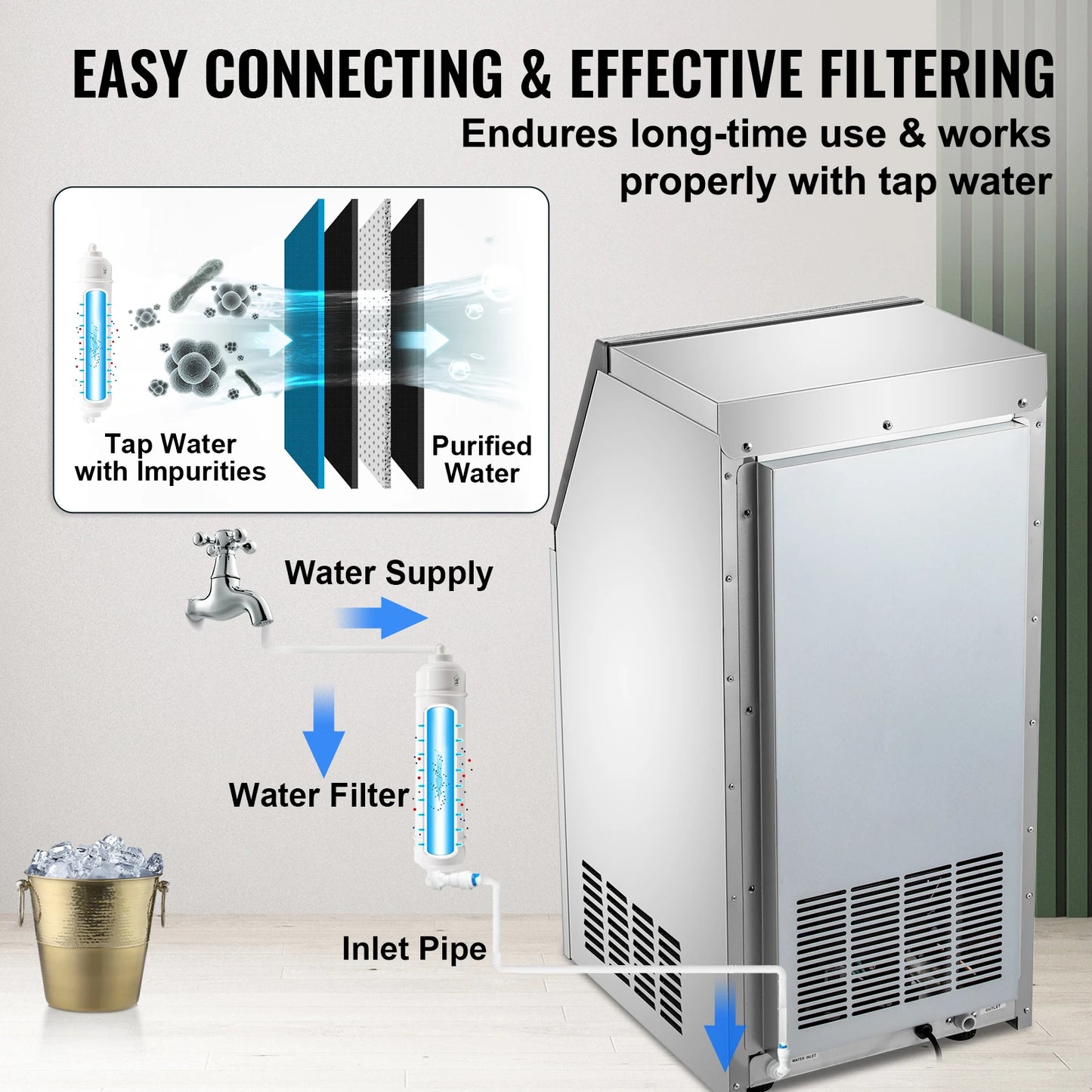 VEVOR Máquina para Hacer Hielo de Acero Inoxidable de Calidad Alimentaria, Trituradora de Máquina de Hielo Comercial, 280W, 68kg/24 horas, Panel de Control LCD Inteligente para Cafeterías y Bares