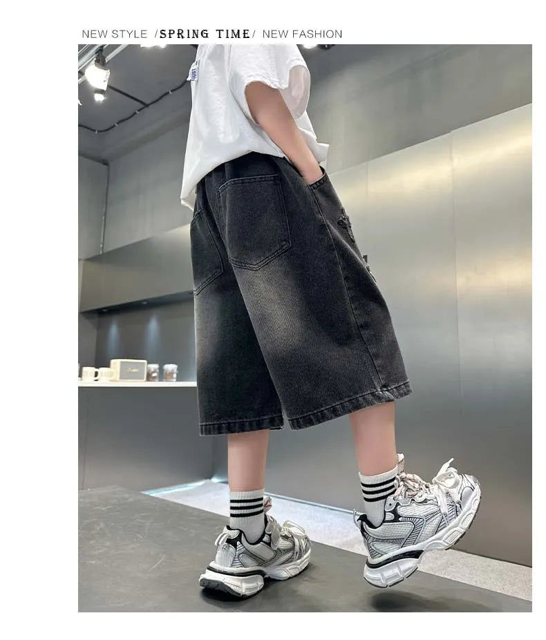 Boy Star Jeans 2025 Verano Nuevo Producto Moda Niños Denim Pantalones medios Pantalones cortos casuales para niños 5-15 años