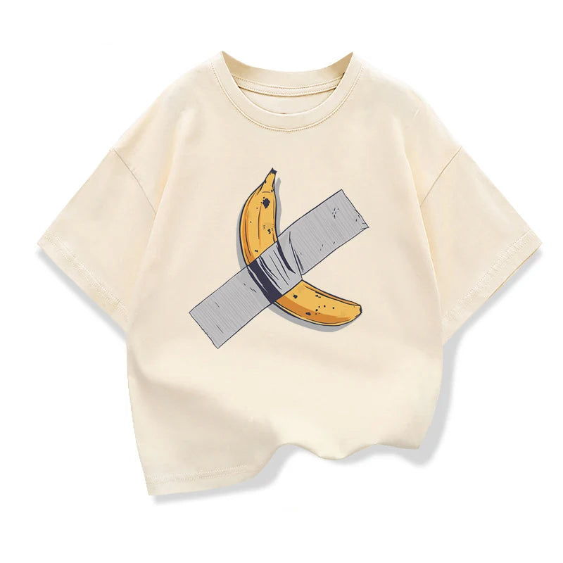 Ropa para niños, camiseta de manga corta con gráfico de plátanos en la pared, camisetas holgadas de algodón con cuello redondo de diseño Popular para niños