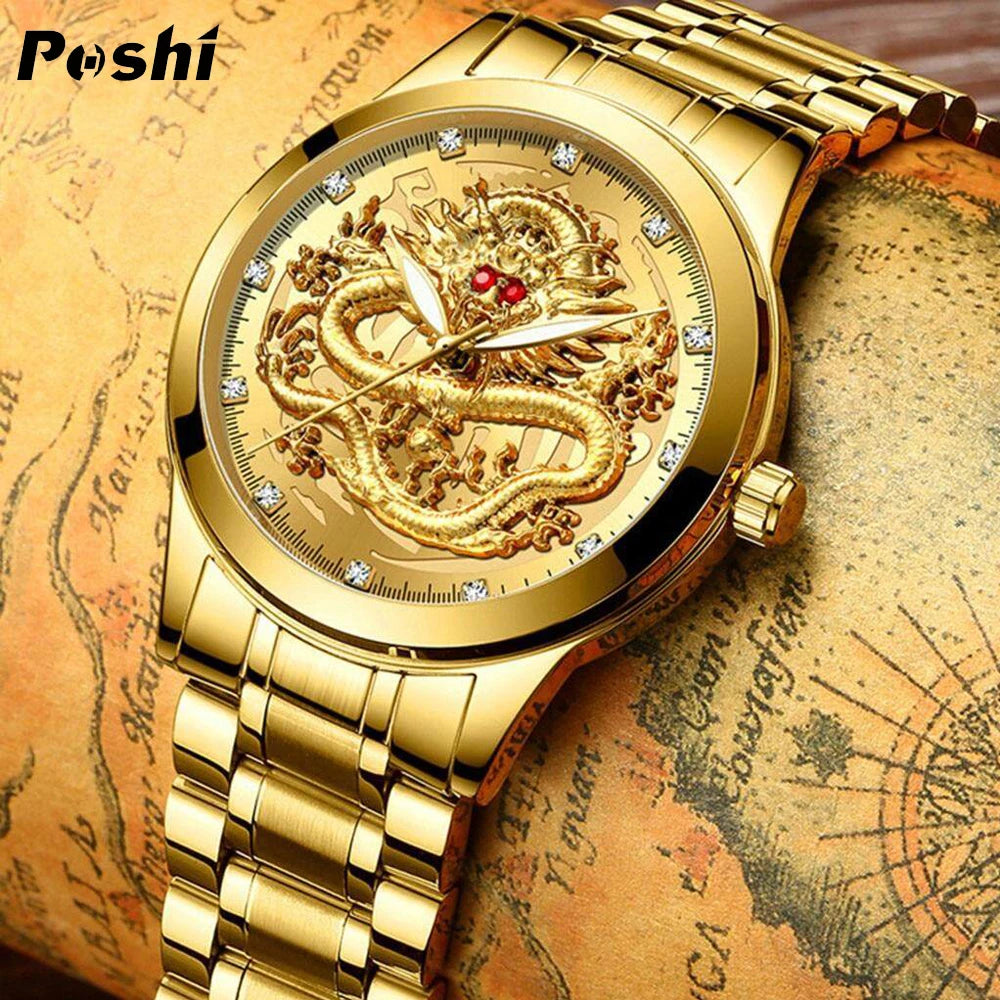 POSHI-reloj de cuarzo de acero inoxidable para hombre, cronógrafo de lujo con diseño Original de dragón dorado, resistente al agua