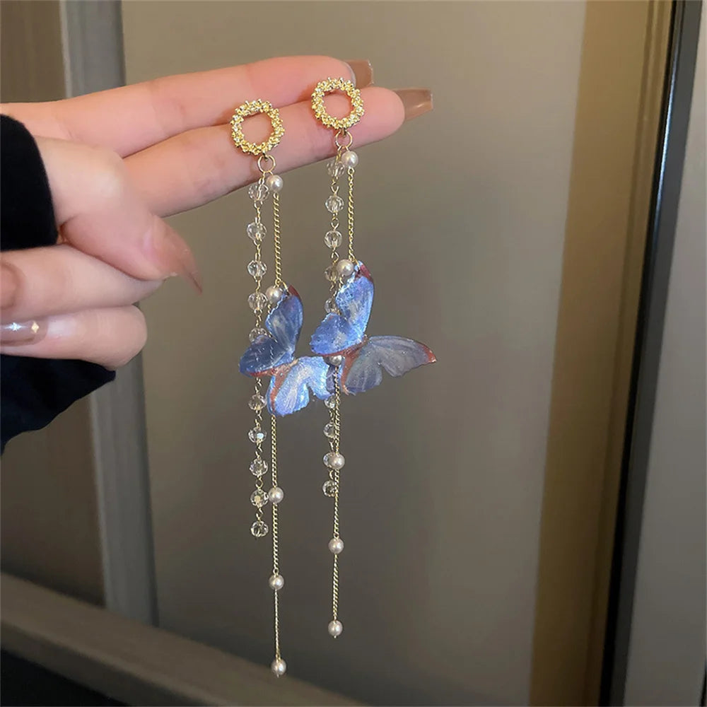 Pendientes de mariposa con borlas largas y perlas de cristal de circón para mujer, joyerÃa colgante de lujo, regalos, nuevo
