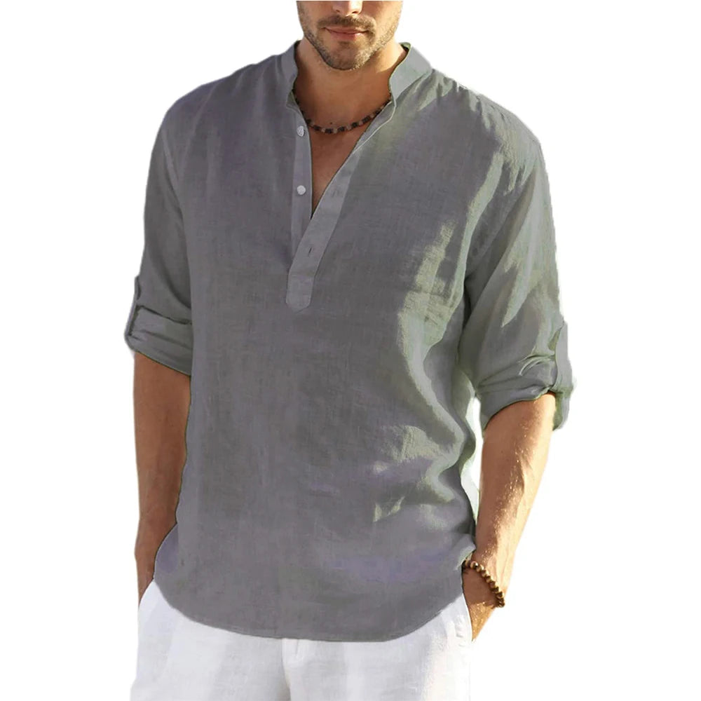 Nueva blusa informal para hombre, camisa de lino y algodón, camisetas holgadas, camiseta de manga larga, camisas informales para hombre guapo para primavera y otoño