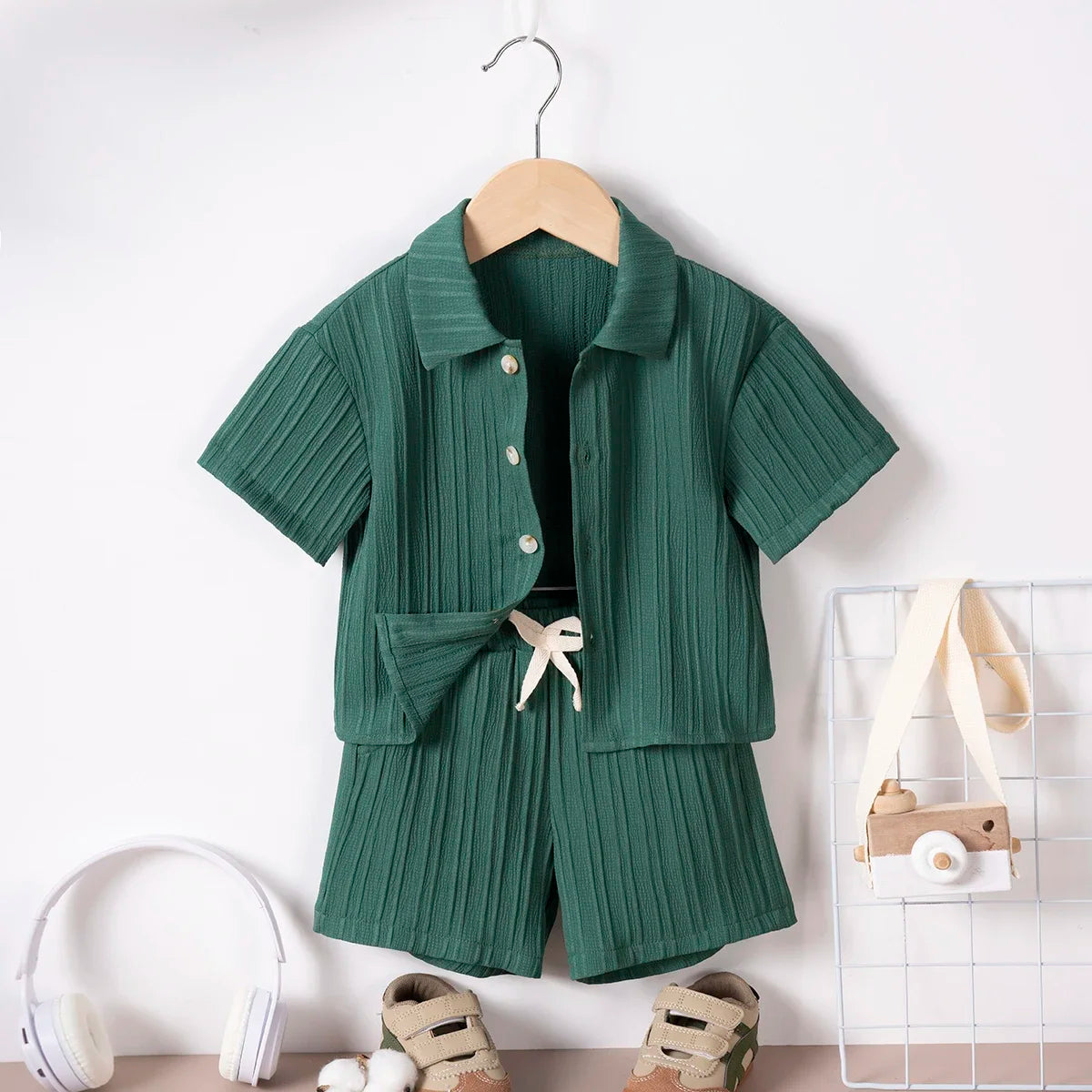 Conjunto de ropa informal para niños, camisa de manga corta con solapa y pantalones cortos de cintura elástica, traje de moda de 2 piezas, Verano